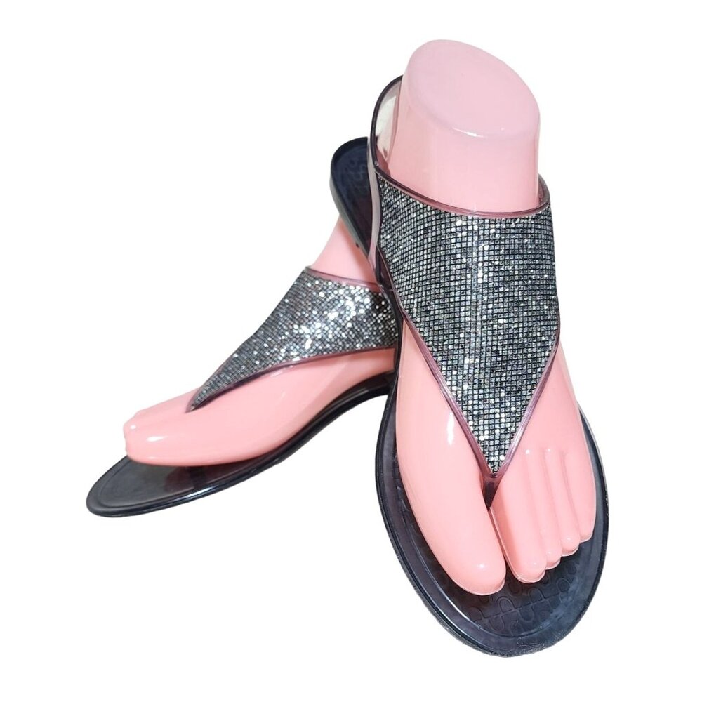 Women's Sparkly Black Jelly PVC Sandals Flip Flops Medium 7/8 Fashion Silver